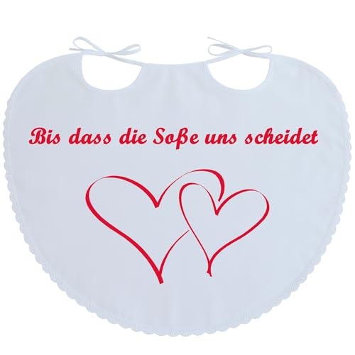 Doppel-Lätzchen Weiß mit Spitze Hochzeit Party-Gag für Braut & Bräutigam Mr. & Mrs. mit Spruch Partyspiel (Bis dass die Soße uns scheidet) von Krause & Sohn