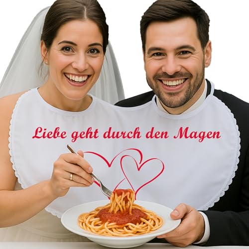 Krause & Sohn Doppel-Lätzchen Weiß mit Spitze Hochzeit Party-Gag für Braut & Bräutigam Mr. & Mrs. mit Spruch Partyspiel (Liebe geht durch den Magen) von Krause & Sohn