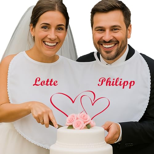 Krause & Sohn Doppel-Lätzchen Weiß mit Spitze Hochzeit Party-Gag für Braut & Bräutigam Mr. & Mrs. mit Spruch Partyspiel (Name mit Doppelherz) von Krause & Sohn