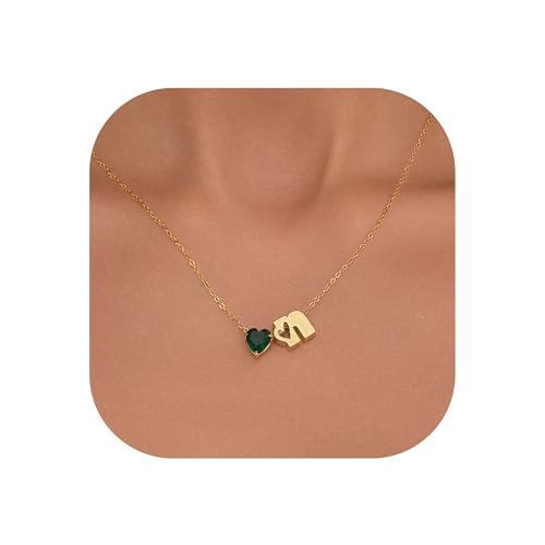 Kette Herz Damen Halskette Gold mit Buchstaben für Damen-14 Karat Vergoldet A-Z Herz Smaragd-Geburtsstein Anhänger Kette Herz Buchstaben Kette Muttertagsgeschenke für Mama Großmutter (N) von Kraven