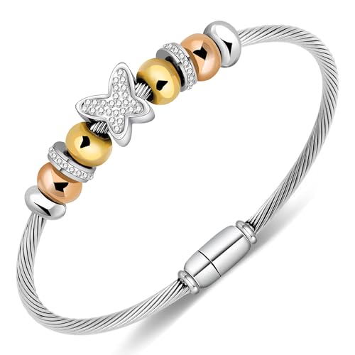 Kraven Armreif Damen Edelstahl Einfache Stil Liebe Armband mit Gold- und Roségold-Perlen Modisches Schmuck Geschenk für Freundin Frau Mutter (Butterfly) von Kraven
