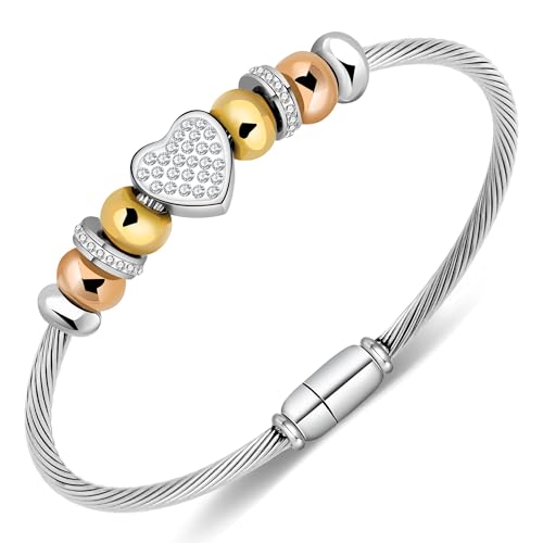 Kraven Armreif Damen Edelstahl Einfache Stil Liebe Armband mit Gold- und Roségold-Perlen Modisches Schmuck Geschenk für Freundin Frau Mutter (Heart) von Kraven