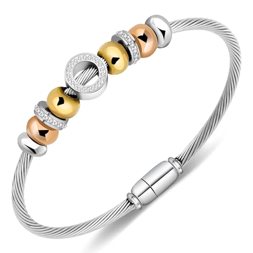 Kraven Armreif Damen Edelstahl Einfache Stil Liebe Armband mit Gold- und Roségold-Perlen Modisches Schmuck Geschenk für Freundin Frau Mutter (Round) von Kraven