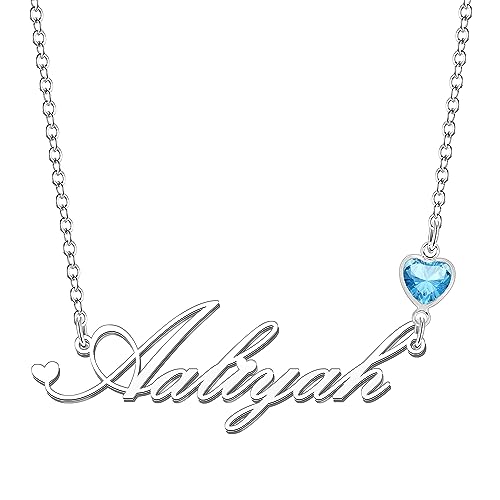 Kraven Damen Kette mit Namen Blauer Geburtsstein-Anhänger Halskette Namenskette Geschenk Personalisiert Damenkette Buchstaben Kette Geschenkidee für Frauen Teenager Mädchen Tochter (Aaliyah) von Kraven