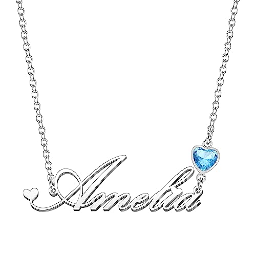 Kraven Damen Kette mit Namen Blauer Geburtsstein-Anhänger Halskette Namenskette Geschenk Personalisiert Damenkette Buchstaben Kette Geschenkidee für Frauen Teenager Mädchen Tochter (Amelia) von Kraven