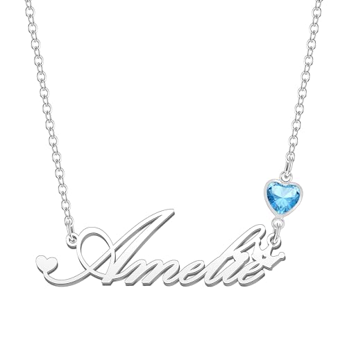 Kraven Damen Kette mit Namen Blauer Geburtsstein-Anhänger Halskette Namenskette Geschenk Personalisiert Damenkette Buchstaben Kette Geschenkidee für Frauen Teenager Mädchen Tochter (Amelie) von Kraven