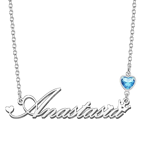 Kraven Damen Kette mit Namen Blauer Geburtsstein-Anhänger Halskette Namenskette Geschenk Personalisiert Damenkette Buchstaben Kette Geschenkidee für Frauen Teenager Mädchen Tochter (Anastasia) von Kraven