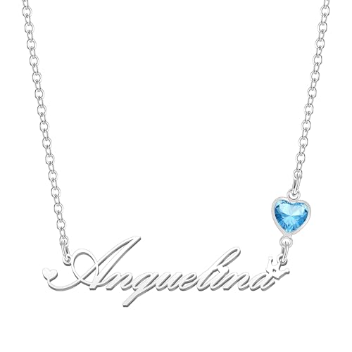 Kraven Damen Kette mit Namen Blauer Geburtsstein-Anhänger Halskette Namenskette Geschenk Personalisiert Damenkette Buchstaben Kette Geschenkidee für Frauen Teenager Mädchen Tochter (Anquelina) von Kraven