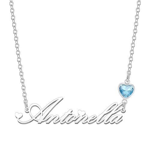 Kraven Damen Kette mit Namen Blauer Geburtsstein-Anhänger Halskette Namenskette Geschenk Personalisiert Damenkette Buchstaben Kette Geschenkidee für Frauen Teenager Mädchen Tochter (Antonella) von Kraven