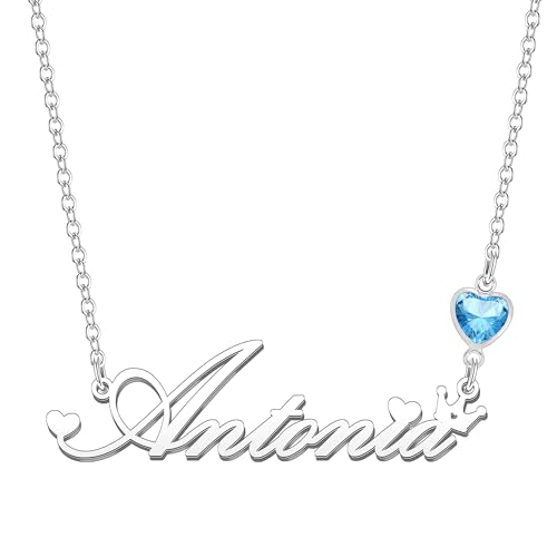 Kraven Damen Kette mit Namen Blauer Geburtsstein-Anhänger Halskette Namenskette Geschenk Personalisiert Damenkette Buchstaben Kette Geschenkidee für Frauen Teenager Mädchen Tochter (Antonia) von Kraven