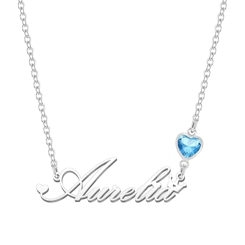 Kraven Damen Kette mit Namen Blauer Geburtsstein-Anhänger Halskette Namenskette Geschenk Personalisiert Damenkette Buchstaben Kette Geschenkidee für Frauen Teenager Mädchen Tochter (Aurelia) von Kraven