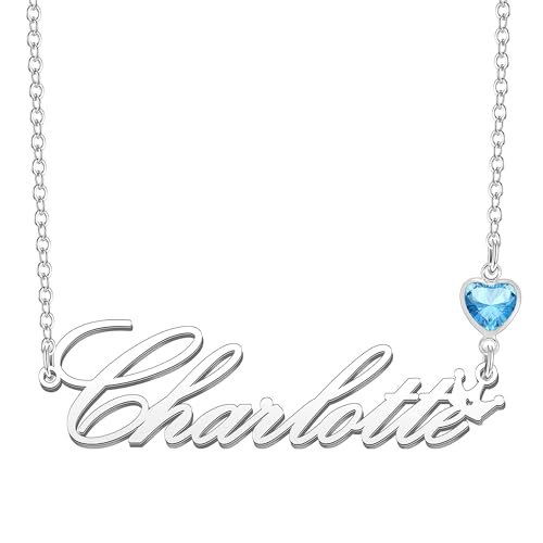 Kraven Damen Kette mit Namen Blauer Geburtsstein-Anhänger Halskette Namenskette Geschenk Personalisiert Damenkette Buchstaben Kette Geschenkidee für Frauen Teenager Mädchen Tochter (Charlotte) von Kraven