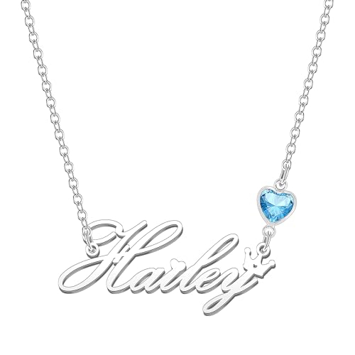 Kraven Damen Kette mit Namen Blauer Geburtsstein-Anhänger Halskette Namenskette Geschenk Personalisiert Damenkette Buchstaben Kette Geschenkidee für Frauen Teenager Mädchen Tochter (Hailey) von Kraven