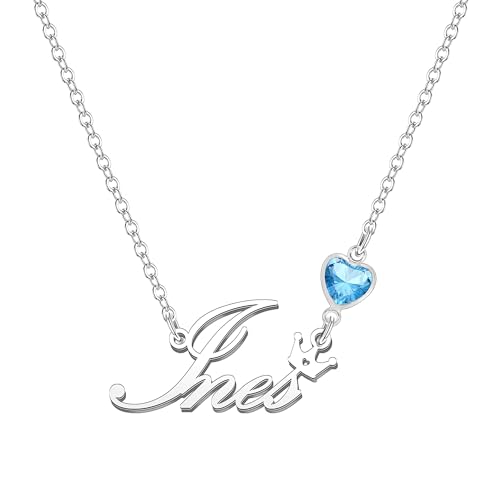 Kraven Damen Kette mit Namen Blauer Geburtsstein-Anhänger Halskette Namenskette Geschenk Personalisiert Damenkette Buchstaben Kette Geschenkidee für Frauen Teenager Mädchen Tochter (Ines) von Kraven