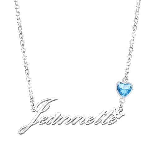 Kraven Damen Kette mit Namen Blauer Geburtsstein-Anhänger Halskette Namenskette Geschenk Personalisiert Damenkette Buchstaben Kette Geschenkidee für Frauen Teenager Mädchen Tochter (Jeannette) von Kraven