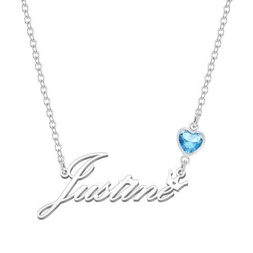 Kraven Damen Kette mit Namen Blauer Geburtsstein-Anhänger Halskette Namenskette Geschenk Personalisiert Damenkette Buchstaben Kette Geschenkidee für Frauen Teenager Mädchen Tochter (Justine) von Kraven