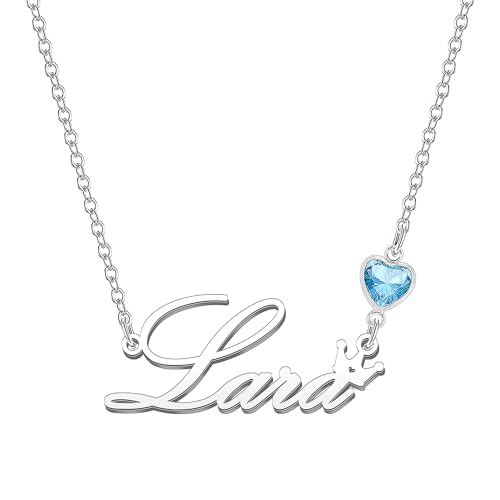 Kraven Damen Kette mit Namen Blauer Geburtsstein-Anhänger Halskette Namenskette Geschenk Personalisiert Damenkette Buchstaben Kette Geschenkidee für Frauen Teenager Mädchen Tochter (Lara) von Kraven