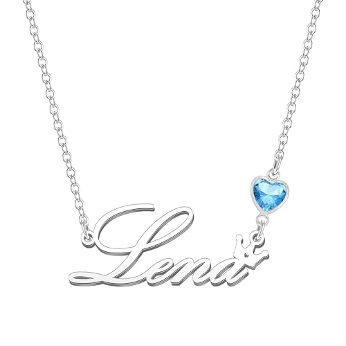 Kraven Damen Kette mit Namen Blauer Geburtsstein-Anhänger Halskette Namenskette Geschenk Personalisiert Damenkette Buchstaben Kette Geschenkidee für Frauen Teenager Mädchen Tochter (Lena) von Kraven