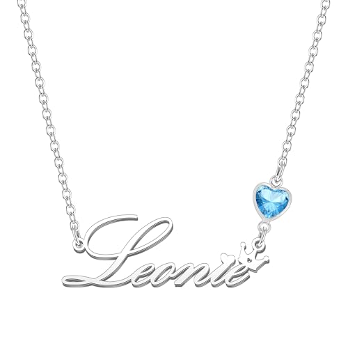 Kraven Damen Kette mit Namen Blauer Geburtsstein-Anhänger Halskette Namenskette Geschenk Personalisiert Damenkette Buchstaben Kette Geschenkidee für Frauen Teenager Mädchen Tochter (Leonie) von Kraven