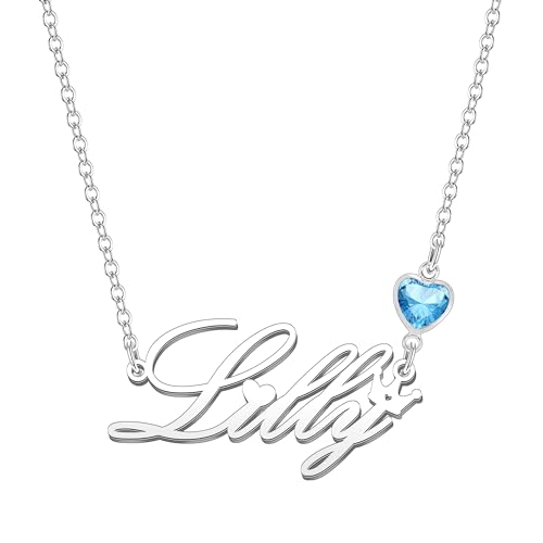 Kraven Damen Kette mit Namen Blauer Geburtsstein-Anhänger Halskette Namenskette Geschenk Personalisiert Damenkette Buchstaben Kette Geschenkidee für Frauen Teenager Mädchen Tochter (Lilly) von Kraven