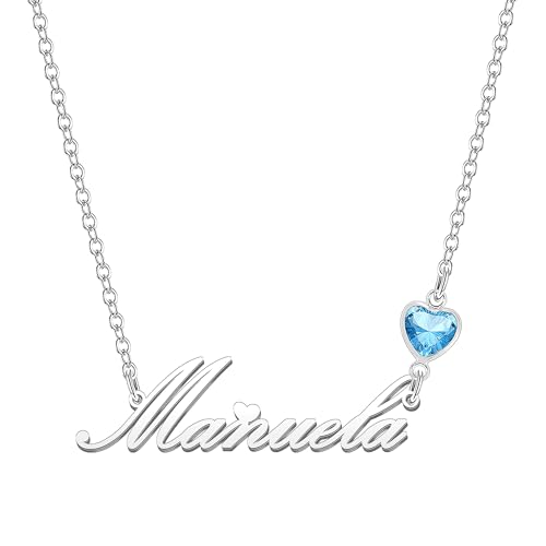 Kraven Damen Kette mit Namen Blauer Geburtsstein-Anhänger Halskette Namenskette Geschenk Personalisiert Damenkette Buchstaben Kette Geschenkidee für Frauen Teenager Mädchen Tochter (Manuela) von Kraven