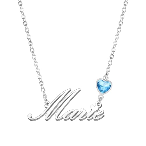 Kraven Damen Kette mit Namen Blauer Geburtsstein-Anhänger Halskette Namenskette Geschenk Personalisiert Damenkette Buchstaben Kette Geschenkidee für Frauen Teenager Mädchen Tochter (Marie) von Kraven
