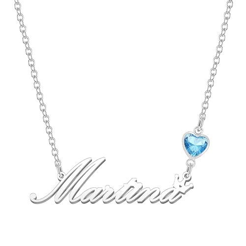 Kraven Damen Kette mit Namen Blauer Geburtsstein-Anhänger Halskette Namenskette Geschenk Personalisiert Damenkette Buchstaben Kette Geschenkidee für Frauen Teenager Mädchen Tochter (Martina) von Kraven