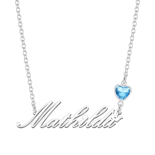 Kraven Damen Kette mit Namen Blauer Geburtsstein-Anhänger Halskette Namenskette Geschenk Personalisiert Damenkette Buchstaben Kette Geschenkidee für Frauen Teenager Mädchen Tochter (Mathilda) von Kraven