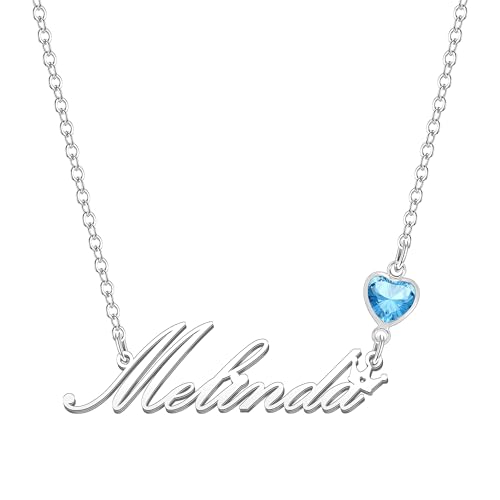 Kraven Damen Kette mit Namen Blauer Geburtsstein-Anhänger Halskette Namenskette Geschenk Personalisiert Damenkette Buchstaben Kette Geschenkidee für Frauen Teenager Mädchen Tochter (Melinda) von Kraven