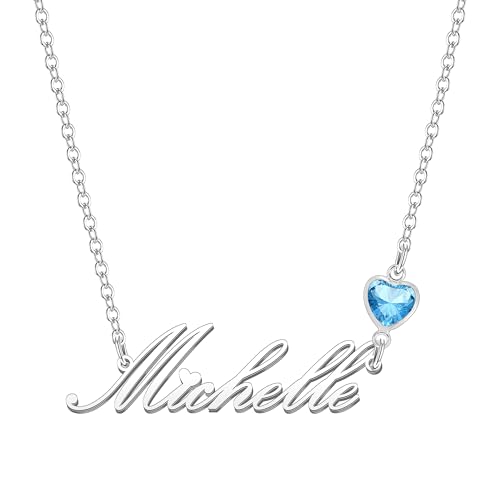 Kraven Damen Kette mit Namen Blauer Geburtsstein-Anhänger Halskette Namenskette Geschenk Personalisiert Damenkette Buchstaben Kette Geschenkidee für Frauen Teenager Mädchen Tochter (Michelle) von Kraven