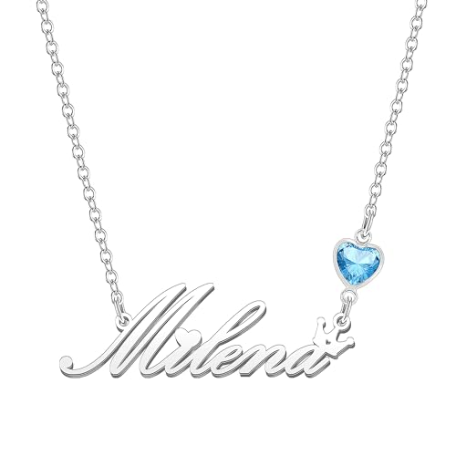 Kraven Damen Kette mit Namen Blauer Geburtsstein-Anhänger Halskette Namenskette Geschenk Personalisiert Damenkette Buchstaben Kette Geschenkidee für Frauen Teenager Mädchen Tochter (Milena) von Kraven