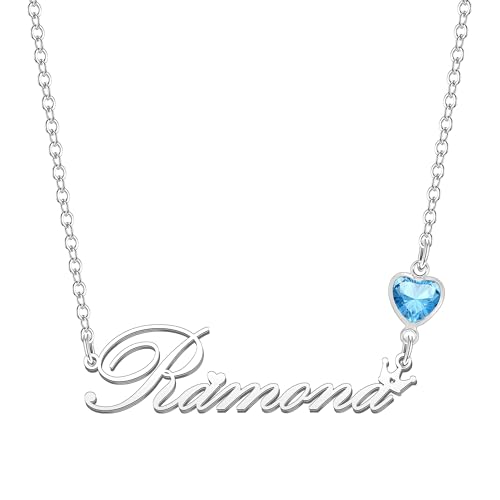 Kraven Damen Kette mit Namen Blauer Geburtsstein-Anhänger Halskette Namenskette Geschenk Personalisiert Damenkette Buchstaben Kette Geschenkidee für Frauen Teenager Mädchen Tochter (Ramona) von Kraven