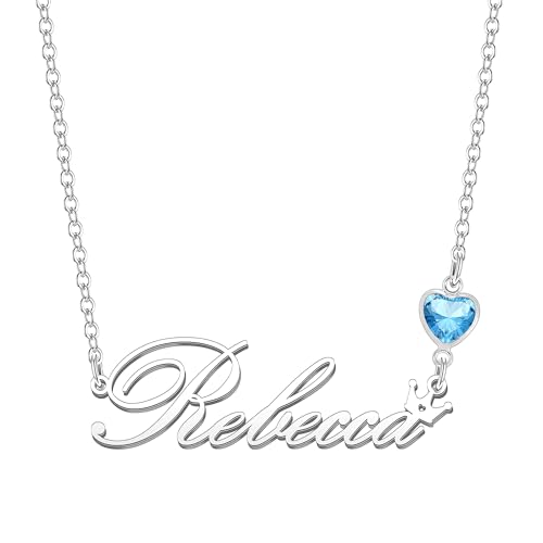 Kraven Damen Kette mit Namen Blauer Geburtsstein-Anhänger Halskette Namenskette Geschenk Personalisiert Damenkette Buchstaben Kette Geschenkidee für Frauen Teenager Mädchen Tochter (Rebecca) von Kraven
