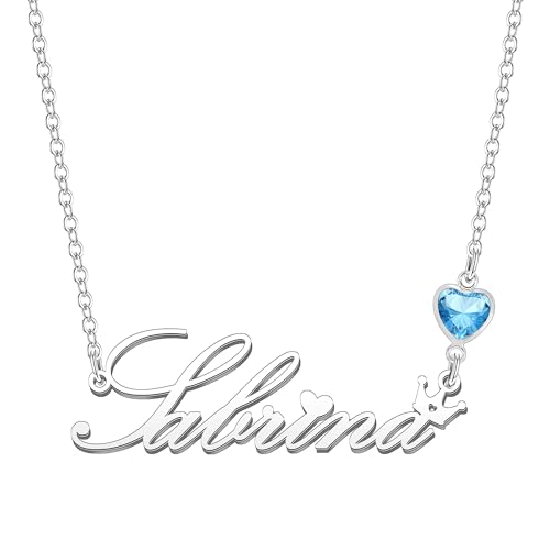 Kraven Damen Kette mit Namen Blauer Geburtsstein-Anhänger Halskette Namenskette Geschenk Personalisiert Damenkette Buchstaben Kette Geschenkidee für Frauen Teenager Mädchen Tochter (Sabrina) von Kraven