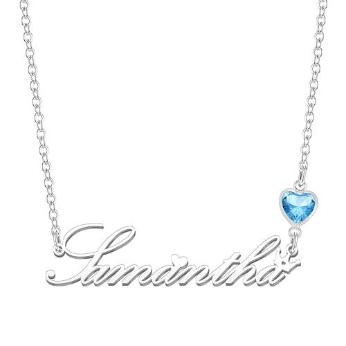 Kraven Damen Kette mit Namen Blauer Geburtsstein-Anhänger Halskette Namenskette Geschenk Personalisiert Damenkette Buchstaben Kette Geschenkidee für Frauen Teenager Mädchen Tochter (Samantha) von Kraven
