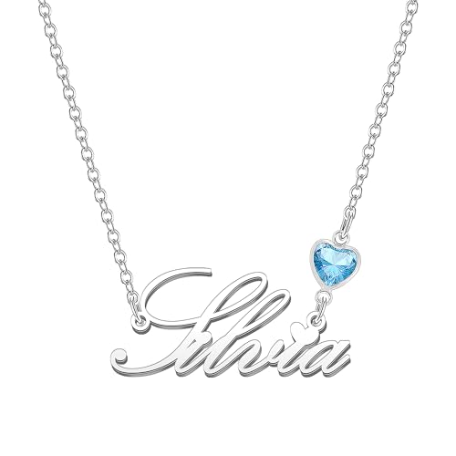Kraven Damen Kette mit Namen Blauer Geburtsstein-Anhänger Halskette Namenskette Geschenk Personalisiert Damenkette Buchstaben Kette Geschenkidee für Frauen Teenager Mädchen Tochter (Silvia) von Kraven
