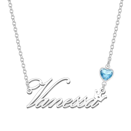 Kraven Damen Kette mit Namen Blauer Geburtsstein-Anhänger Halskette Namenskette Geschenk Personalisiert Damenkette Buchstaben Kette Geschenkidee für Frauen Teenager Mädchen Tochter (Vanessa) von Kraven