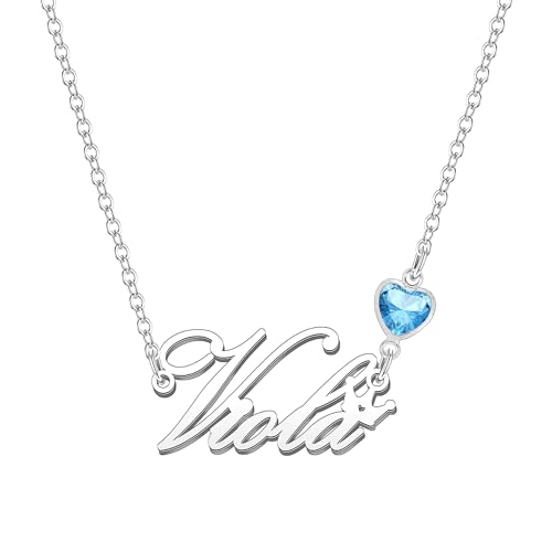 Kraven Damen Kette mit Namen Blauer Geburtsstein-Anhänger Halskette Namenskette Geschenk Personalisiert Damenkette Buchstaben Kette Geschenkidee für Frauen Teenager Mädchen Tochter (Viola) von Kraven