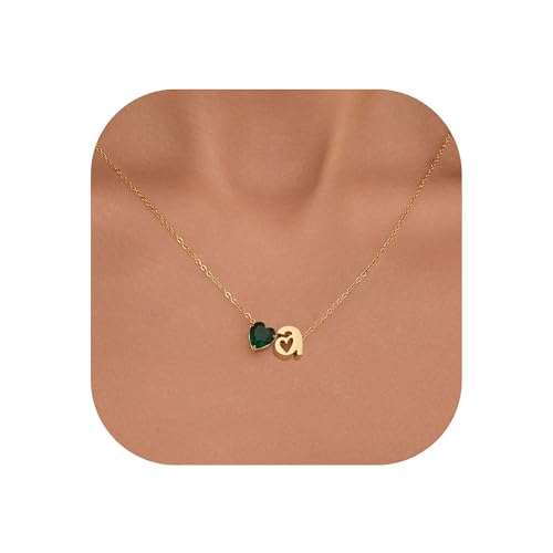 Kraven Kette Herz Damen Halskette Gold mit Buchstaben für Damen-14 Karat Vergoldet A-Z Herz Smaragd-Geburtsstein Anhänger Kette Herz Buchstaben Kette Muttertagsgeschenke für Mama Großmutter (A) von Kraven