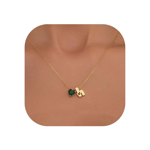 Kraven Kette Herz Damen Halskette Gold mit Buchstaben für Damen-14 Karat Vergoldet A-Z Herz Smaragd-Geburtsstein Anhänger Kette Herz Buchstaben Kette Muttertagsgeschenke für Mama Großmutter (H) von Kraven