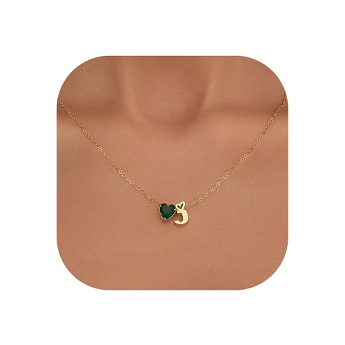 Kraven Kette Herz Damen Halskette Gold mit Buchstaben für Damen-14 Karat Vergoldet A-Z Herz Smaragd-Geburtsstein Anhänger Kette Herz Buchstaben Kette Muttertagsgeschenke für Mama Großmutter (J) von Kraven