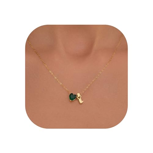 Kraven Kette Herz Damen Halskette Gold mit Buchstaben für Damen-14 Karat Vergoldet A-Z Herz Smaragd-Geburtsstein Anhänger Kette Herz Buchstaben Kette Muttertagsgeschenke für Mama Großmutter (L) von Kraven