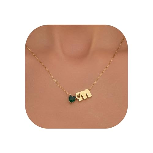 Kraven Kette Herz Damen Halskette Gold mit Buchstaben für Damen-14 Karat Vergoldet A-Z Herz Smaragd-Geburtsstein Anhänger Kette Herz Buchstaben Kette Muttertagsgeschenke für Mama Großmutter (M) von Kraven