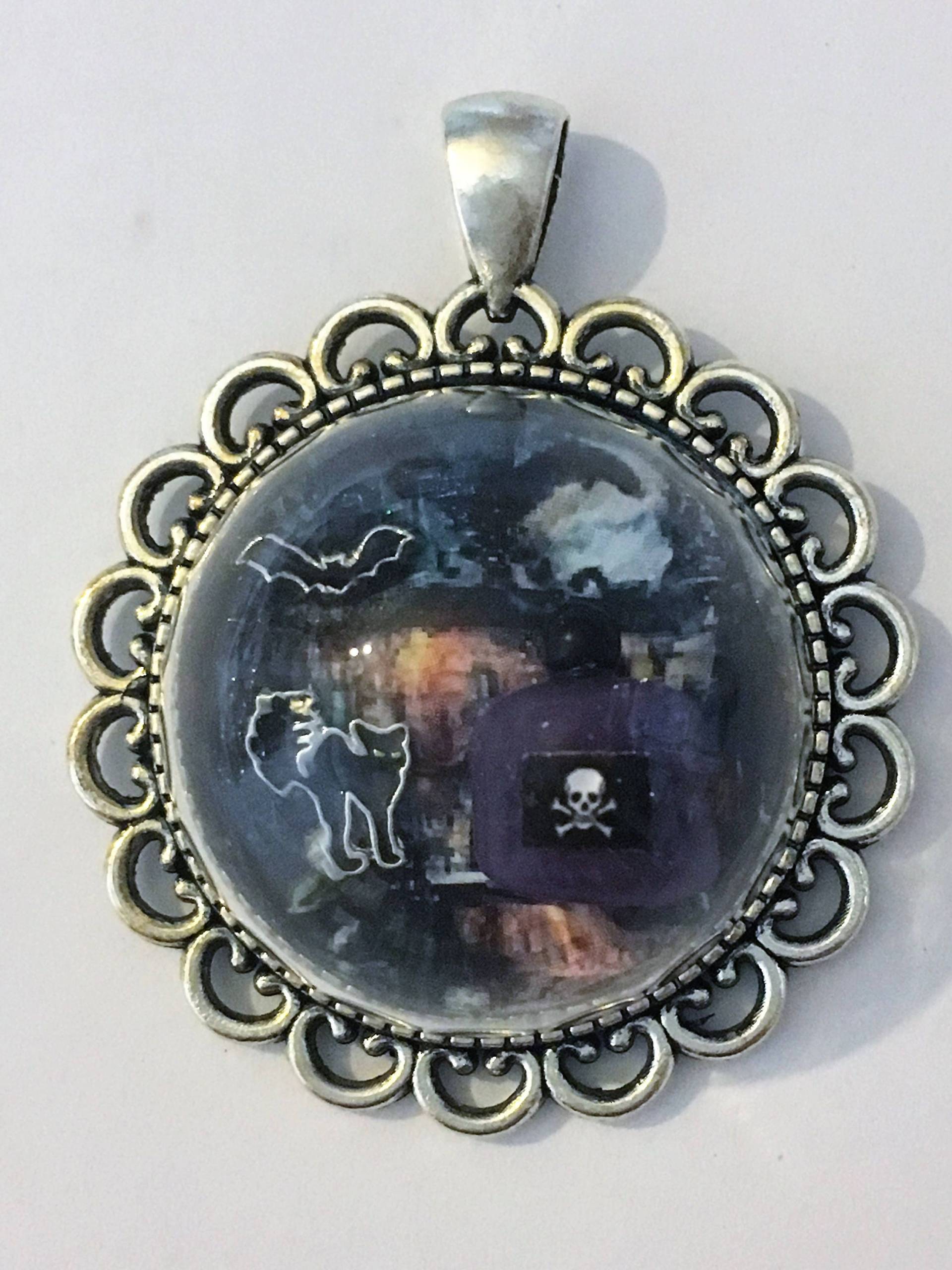 Schwarze Katze, Fledermaus, Trank Flasche Apotheker Friedhof Glaskuppel Silber Halskette Magie Schwarze Katze, Fledermaus, Trank Flasche Apotheker Friedhof Glaskuppel Silber Halskette Magie von KreationsByKristaArt