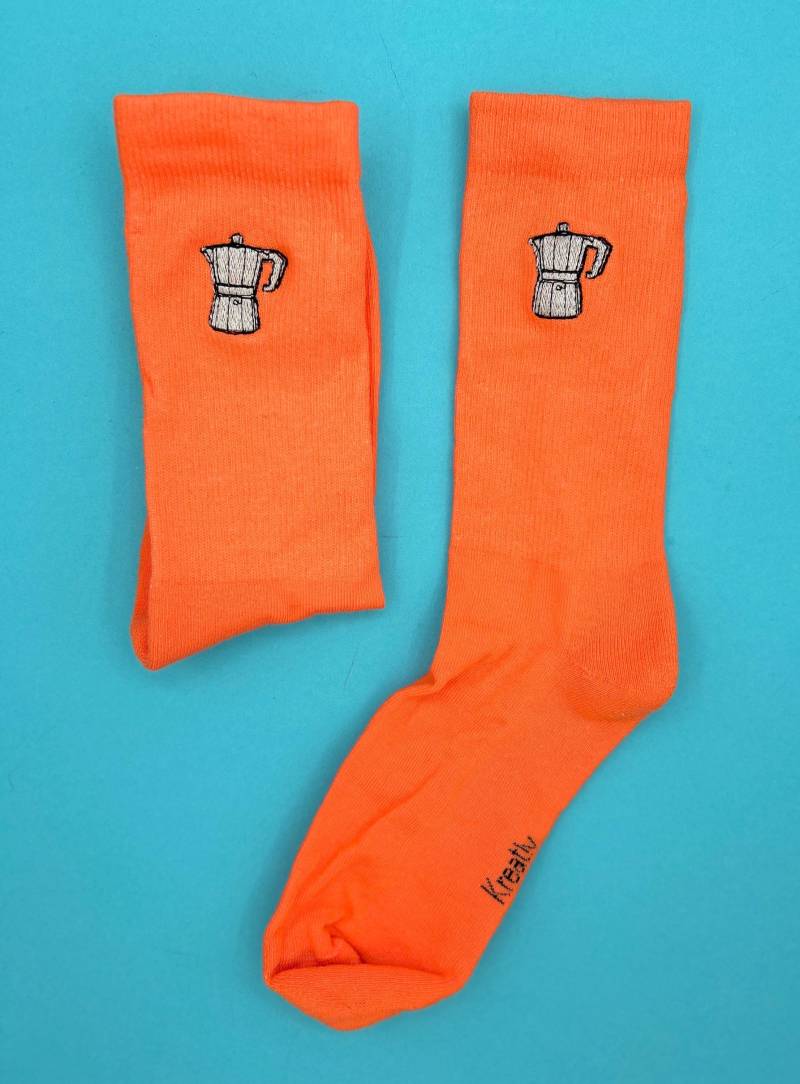 Kaffeekanne | Bestickte Socken Tennissocken Mit Kaffeekannen Design Orange von KreativAtelierStick
