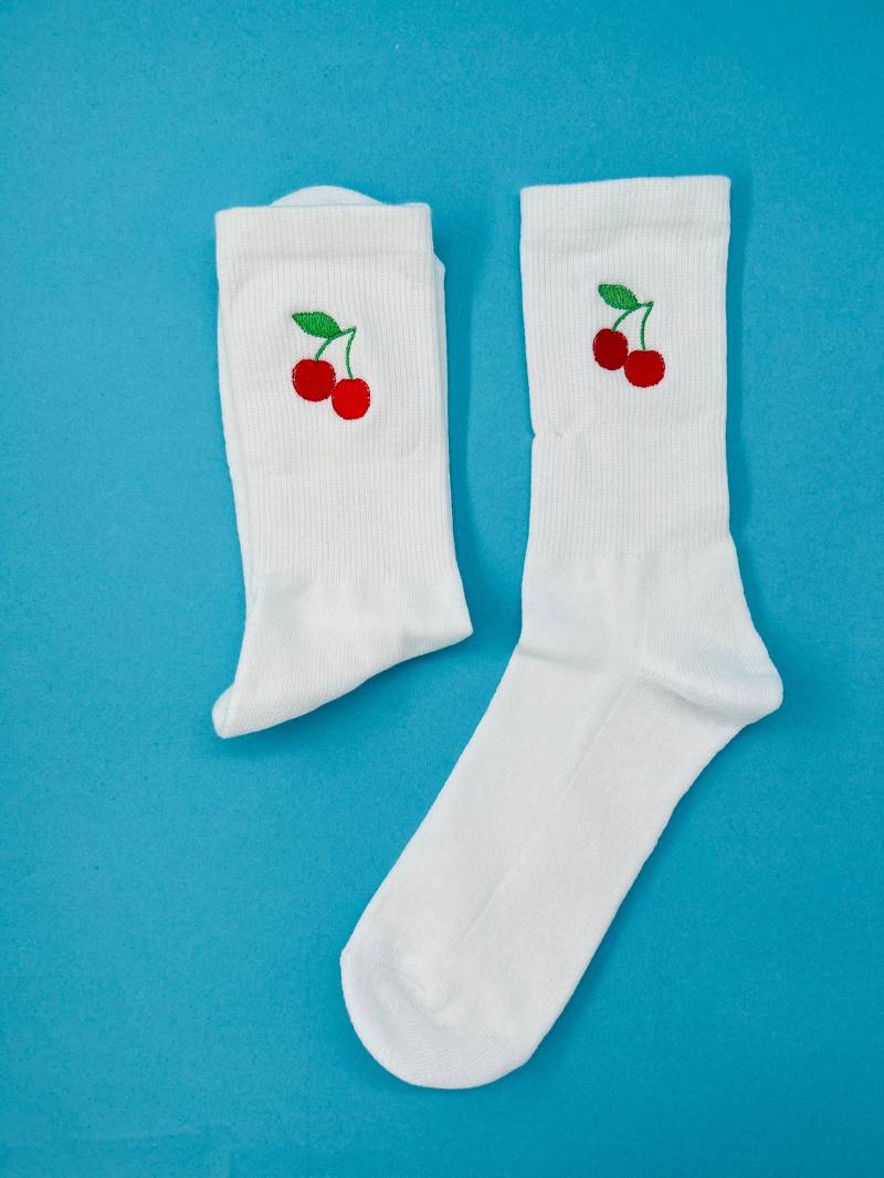 Kirsche | Bestickte Socken Tennissocken Weiß Baumwolle Mit Kirschdesign von KreativAtelierStick