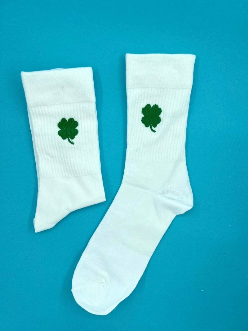 Kleeblatt | Bestickte Socken Tennissocken Weiß Baumwolle Glücksbringer Blatt Glück von KreativAtelierStick