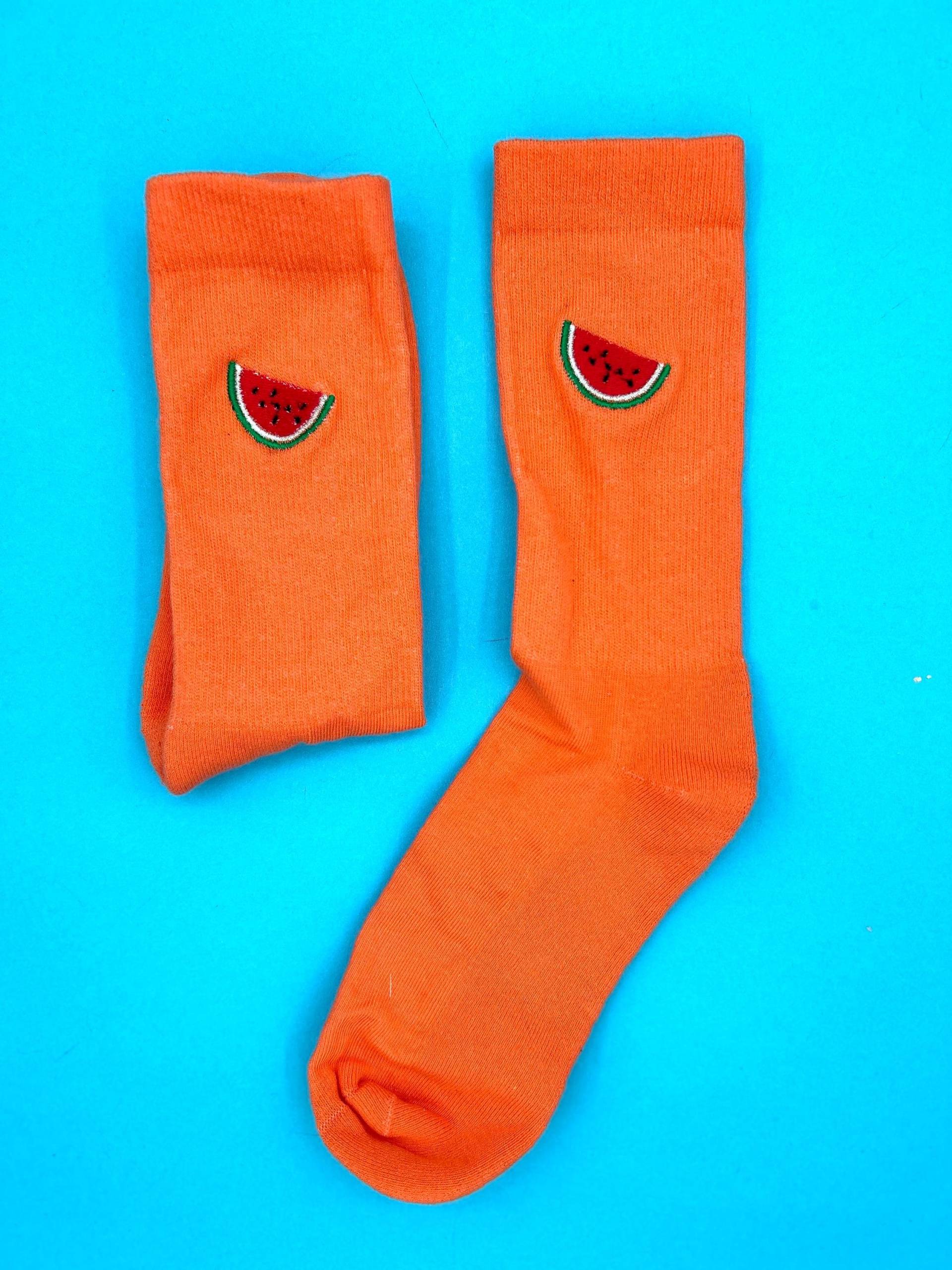 Melone | Bestickte Socken Tennissocken Orange Baumwolle von KreativAtelierStick