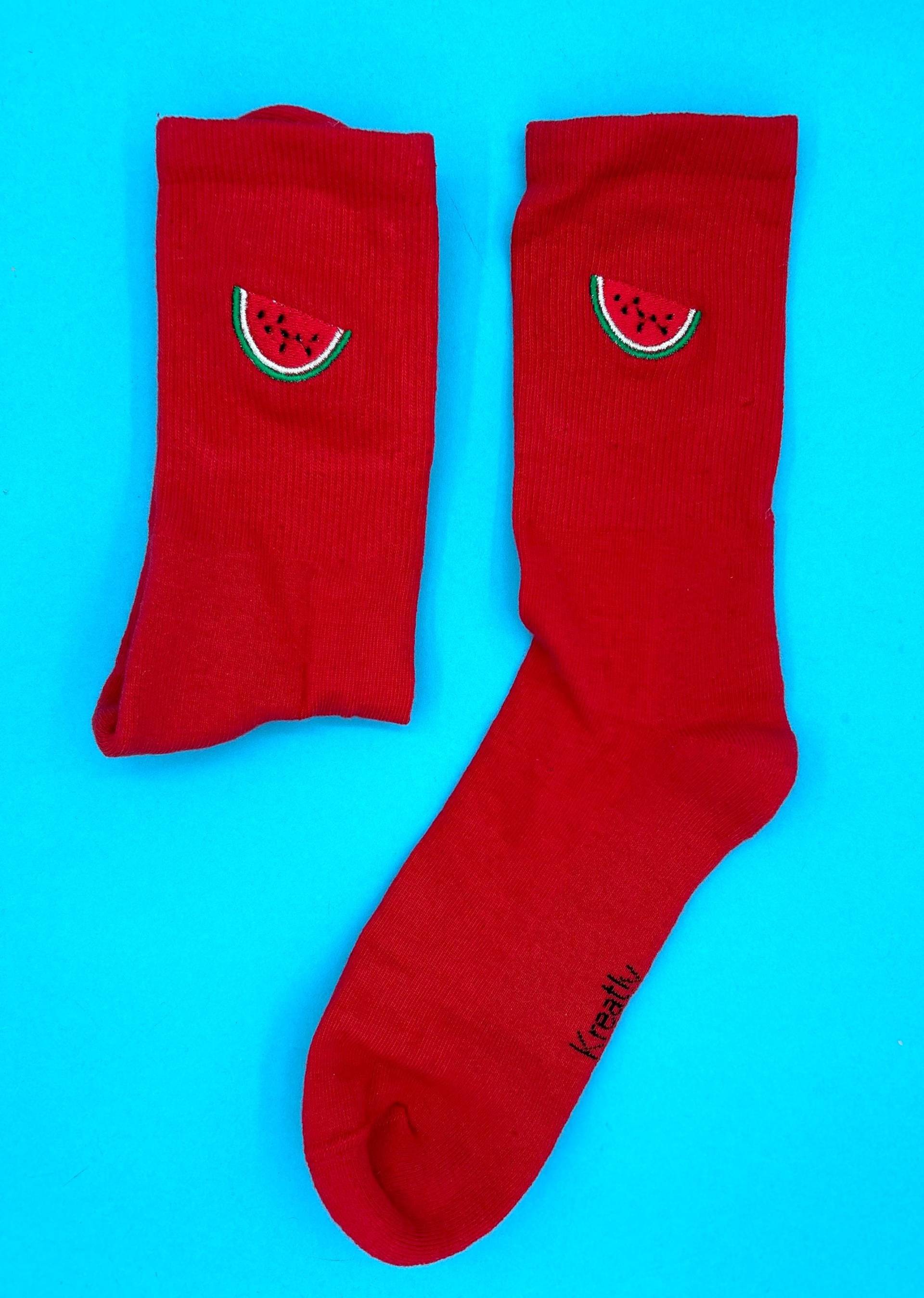 Melone | Bestickte Socken Tennissocken Rot Baumwolle von KreativAtelierStick