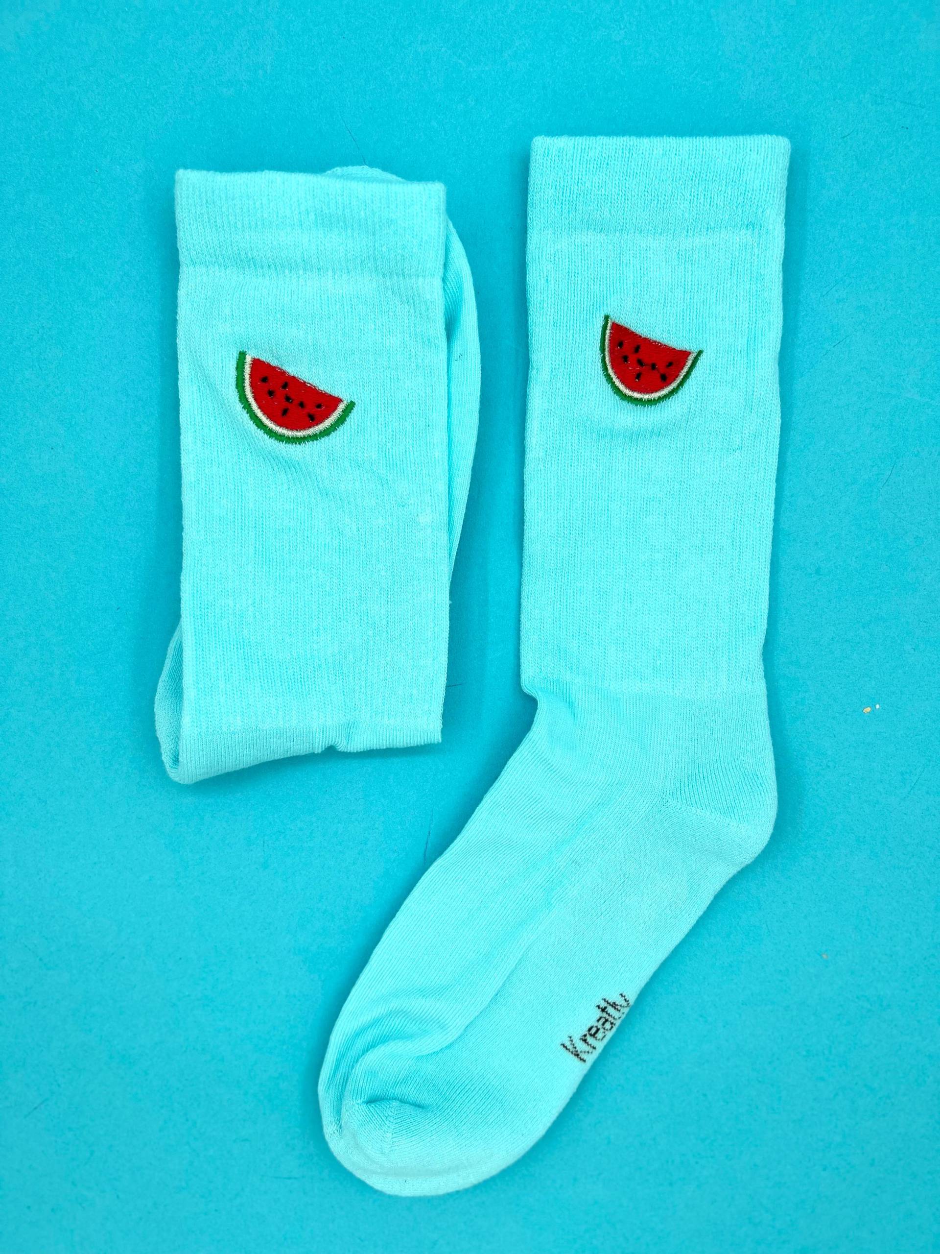 Melone | Bestickte Socken Tennissocken Weiß Baumwolle von KreativAtelierStick